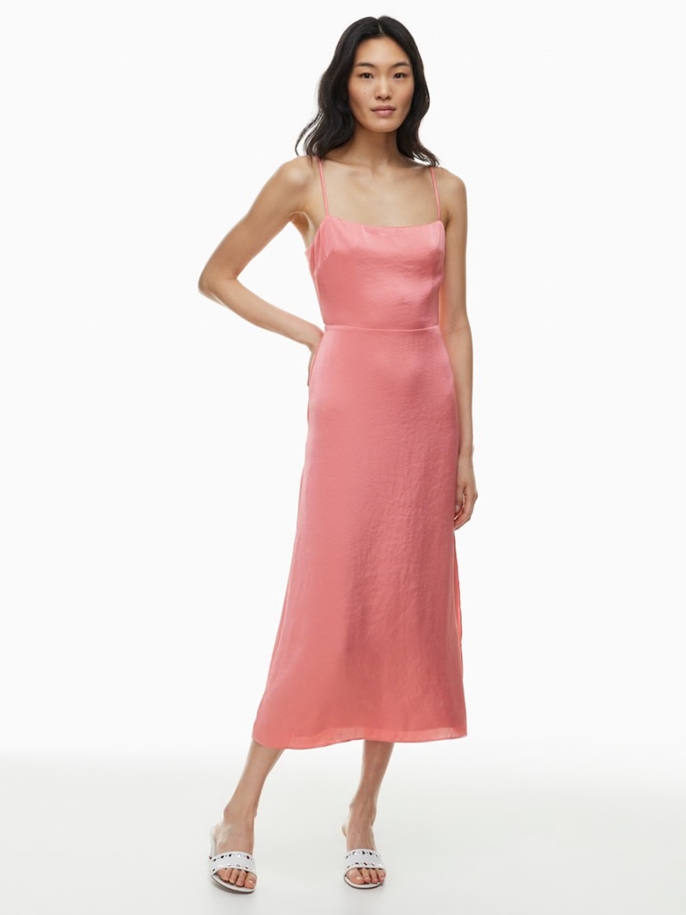 Wilfred Magdalena Satin Dress Petunia Pink Slip Midi Dress with Thin Straps